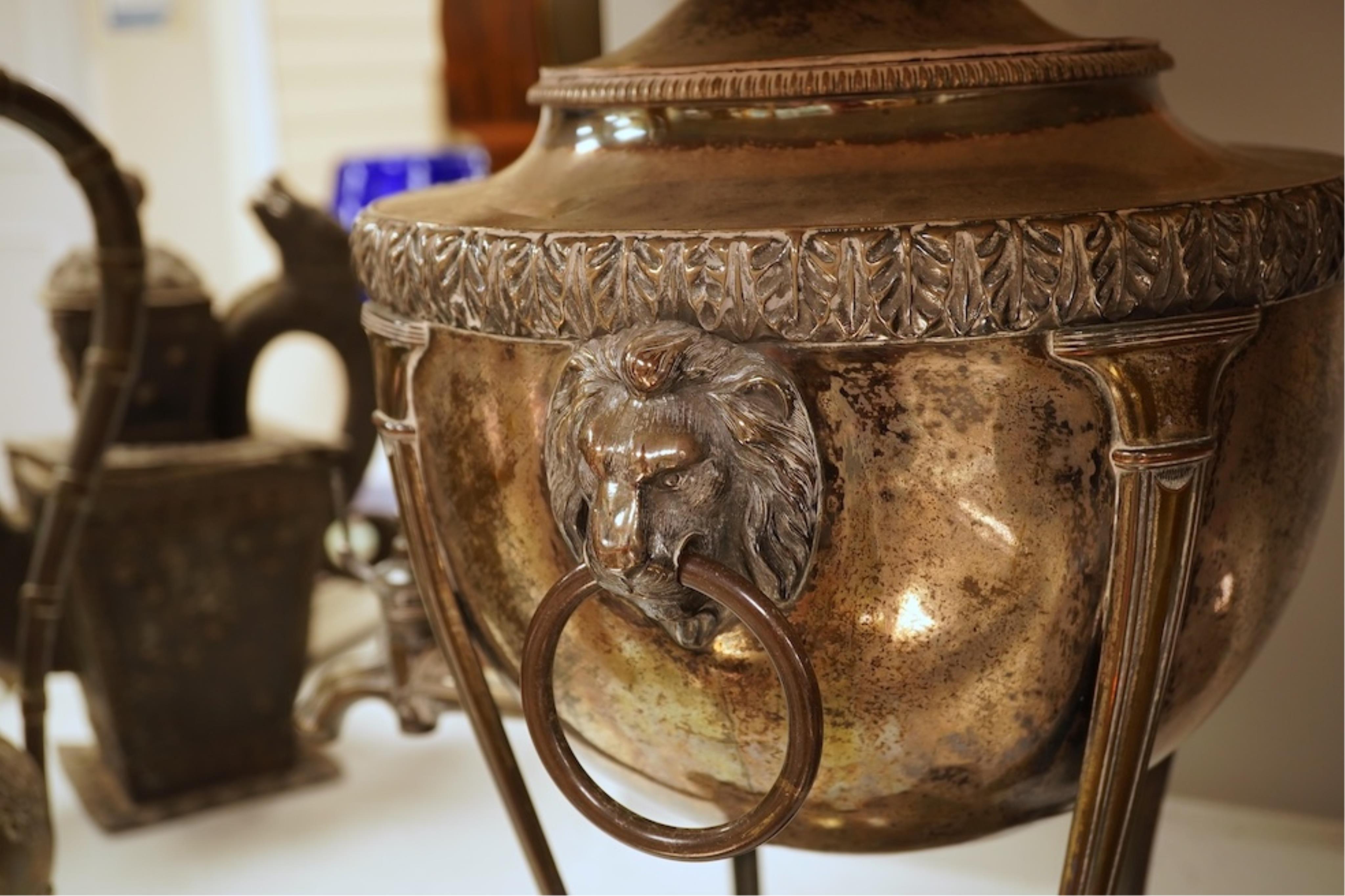 A Regency Old Sheffield Plate samovar and two silver plated trays, largest 70cm